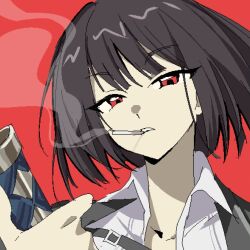 Rule 34 | 1girl, black hair, black jacket, cigarette, collared shirt, holding, holding sheath, jacket, limbus company, long sleeves, looking at viewer, nishiirei9522, oekaki, parted lips, project moon, red background, red eyes, ryoshu (limbus company), sheath, shirt, short hair, simple background, solo, white shirt