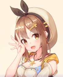 Rule 34 | 1girl, atelier (series), atelier ryza, atelier ryza 1, beige background, blush, breasts, brown eyes, brown hair, cleavage, collarbone, hair ornament, hairclip, highres, jewelry, looking at viewer, medium breasts, open mouth, pendant, reisalin stout, seero, short hair, simple background, solo, star (symbol), upper body