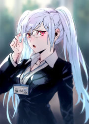 Rule 34 | 1girl, blazer, collared shirt, dress shirt, fire emblem, formal, glasses, id card, jacket, lanyard, long hair, looking to the side, nintendo, office lady, open mouth, pink eyes, robin (female) (fire emblem), robin (fire emblem), shirt, sidelocks, t misaomaru, twintails, white hair, white shirt