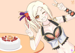 Rule 34 | 1girl, ;), absurdres, arm ribbon, artist name, artist request, bare shoulders, bikini, blonde hair, blush, bracelet, braid, breasts, brown eyes, buttons, cake, cleavage, collarbone, crop top, cropped vest, double v, epaulettes, facial mark, female focus, flower, food, fruit, gold trim, hair between eyes, hair flower, hair ornament, heart, heart (symbol), heart tattoo, high ponytail, highres, jewelry, long hair, looking at viewer, love live!, love live! nijigasaki high school idol club, love live! school idol festival, meccha going!!, midriff, miyashita ai, necklace, one eye closed, orange (fruit), orange bikini, orange eyes, orange slice, parted lips, pendant, pink background, pinstripe pattern, pinstripe vest, plate, ponytail, red flower, ribbon, ring, shirt, short ponytail, side ponytail, single braid, single epaulette, sleeveless, sleeveless shirt, small breasts, smile, solo, star (symbol), star hair ornament, star print, stomach tattoo, strawberry shortcake, striped clothes, striped vest, swimsuit, table, tattoo, triangle necklace, upper body, v, vertical-striped clothes, vertical-striped vest, vest, white flower, white vest, wing collar, yellow eyes
