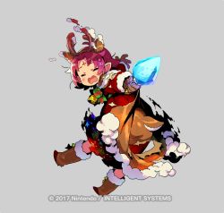 Rule 34 | 1girl, antlers, bell, boots, bow, brown gloves, cape, closed eyes, company name, copyright name, dress, facial mark, fae (fire emblem), fae (winter) (fire emblem), fire emblem, fire emblem: the binding blade, fire emblem heroes, forehead mark, full body, fur trim, gloves, grey background, himukai yuuji, horns, long sleeves, nintendo, official art, open mouth, outstretched arm, pointy ears, purple hair, reindeer antlers, short hair, simple background, solo, tears, torn clothes