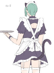 Rule 34 | 1boy, absurdres, alternate costume, animal ears, apron, clothing cutout, commentary request, creatures (company), crossdressing, dress, enmaided, from behind, game freak, garter straps, highres, holding, holding plate, maid, maid headdress, male focus, nintendo, plate, pokemon, pokemon oras, short sleeves, shoulder cutout, simple background, solo, tail, thighhighs, translation request, tudurimike, wallace (pokemon), white apron, white background, wrist cuffs