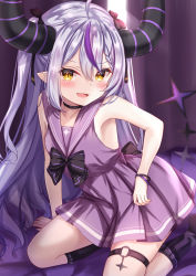 Rule 34 | 1girl, armpits, bare shoulders, blush, collar, demon girl, demon horns, demon tail, fang, highres, hololive, horns, la+ darknesss, long hair, looking at viewer, open mouth, pointy ears, ribbon, smile, solo, striped horns, tail, thigh strap, thighhighs, thighs, twintails, virtual youtuber, yuano