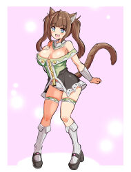 Rule 34 | 1girl, animal ears, black dress, black footwear, blue eyes, blunt bangs, bracer, breasts, brown hair, cat ears, cat girl, cat tail, cleavage, coat, commentary, cougar (cougar1404), detached collar, dress, frilled dress, frills, green dress, grey coat, grey panties, grey socks, half-dress, hand on own chest, large breasts, looking at viewer, medium hair, megu (cougar1404), microdress, off-shoulder dress, off shoulder, open mouth, original, panties, shoes, smile, socks, solo, standing, tail, thigh strap, twintails, two-tone dress, underwear, zipper