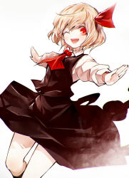 Rule 34 | 1girl, black socks, blonde hair, bow, hair bow, hair ornament, kneehighs, kozou (soumuden), long sleeves, looking at viewer, one eye closed, open mouth, outstretched arms, red eyes, rumia, shirt, short hair, simple background, skirt, skirt set, smile, socks, solo, touhou, vest, white background