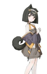 Rule 34 | 1girl, absurdres, animal ears, black hair, black jacket, closed mouth, commentary request, dog ears, dog girl, dog tail, dress, ear down, feet out of frame, gloves, grey dress, grey eyes, hairband, hands up, highres, jacket, long sleeves, looking at viewer, looking to the side, off shoulder, original, shiro wa (shiroshironix), short hair, simple background, solo, standing, tail, unaligned ears, white background, white gloves, white hairband, wide sleeves