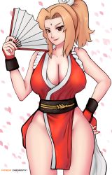 Rule 34 | 1girl, artist name, bare shoulders, blonde hair, breasts, brown eyes, cleavage, collarbone, cosplay, facial mark, fan, fatal fury, female focus, forehead, gummslime, hair intakes, hand fan, hand on own hip, highres, holding, holding fan, kunoichi, large breasts, lips, nail polish, naruto (series), patreon username, pelvic curtain, ponytail, shiranui mai (cosplay), simple background, smile, solo, tsunade (naruto), white background