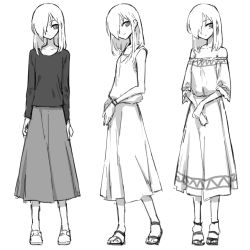 Rule 34 | 1girl, bare shoulders, blouse, commentary request, greyscale, hair over one eye, highres, long hair, long sleeves, monochrome, multiple views, one eye covered, oopartz yang, original, sandals, shirt, shoes, simple background, skirt, smile, standard bearer, standing, uma (oopartz yang), white background