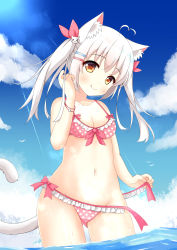 Rule 34 | &gt; &lt;, 1girl, :q, ahoge, animal ears, bare shoulders, bikini, blue sky, blush, bow, bow bikini, breasts, brown eyes, cameltoe, cat ears, cat girl, cat hair ornament, cat tail, cleavage, closed mouth, cloud, collarbone, commentary request, day, frilled bikini, frills, front-tie bikini top, front-tie top, groin, hair ornament, hair ribbon, twirling hair, hairclip, hand up, head tilt, heart, heart ahoge, highres, long hair, looking at viewer, ocean, original, outdoors, pink bikini, pink ribbon, polka dot, polka dot bikini, ribbon, side-tie bikini bottom, silver hair, sky, small breasts, smile, solo, swimsuit, tail, tail raised, tongue, tongue out, twintails, untied bikini, wading, water, wet, xiaosamiao