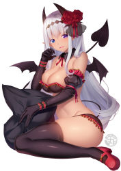 Rule 34 | 1girl, :d, black bra, black gloves, black thighhighs, black wings, bra, breasts, cleavage, dark-skinned female, dark skin, demon girl, demon horns, demon tail, demon wings, detached collar, elbow gloves, flower, from side, gloves, hair between eyes, hair flower, hair ornament, hand to own mouth, heterochromia, horns, large breasts, long hair, looking at viewer, matatabi maru, open mouth, original, pillow, pillow grab, pink footwear, signature, silver hair, simple background, sitting, smile, solo, tail, thighhighs, thighs, underwear, very long hair, wariza, white background, wings