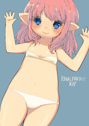 Rule 34 | 1girl, arms up, bare arms, bare shoulders, bikini, blue background, blue eyes, blush, breasts, closed mouth, collarbone, copyright name, cowboy shot, eyelashes, final fantasy, final fantasy xiv, highres, lalafell, medium hair, muramasa mikado, navel, no pupils, pink hair, pointy ears, simple background, small breasts, smile, solo, standing, strapless, strapless bikini, swimsuit, thighs, warrior of light (ff14), white bikini