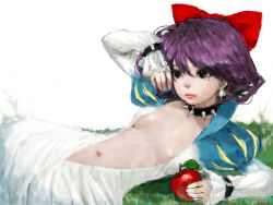 Rule 34 | 1girl, apple, areola slip, black eyes, bow, breasts, breasts apart, center opening, collar, cosplay, earrings, female focus, food, fruit, hair bow, jewelry, lips, lying, mole, mole under eye, navel, no bra, on grass, on side, open clothes, open shirt, ponsuke (pon00000), puffy short sleeves, puffy sleeves, purple hair, revealing clothes, shirt, short hair, short sleeves, simple background, small breasts, snow white (grimm), snow white (grimm) (cosplay), snow white and the seven dwarfs, solo, spiked collar, spikes, white background