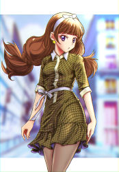 Rule 34 | 1girl, amanogawa kirara, amawa kazuhiro, brown hair, casual, city, commentary request, dress, earrings, eyelashes, go! princess precure, hair ornament, hairband, highres, jewelry, leggings, long hair, looking at viewer, pantyhose, precure, purple eyes, ribbon, solo, standing, star (symbol), star earrings, twintails