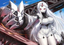 Rule 34 | 1girl, abyssal ship, blue sky, breasts, claws, colored skin, day, dress, flight deck, horns, kantai collection, large breasts, long hair, outdoors, red eyes, ribbed dress, seaport princess, short dress, single horn, sky, solo, sweater, sweater dress, very long hair, white hair, white skin, zombie mogura