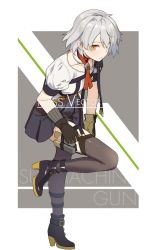 Rule 34 | 1girl, ammunition pouch, boots, commentary, girls&#039; frontline, gloves, juliet sleeves, long sleeves, looking at viewer, necktie, ningen (ningen96), pouch, puffy sleeves, short hair, short sleeves, silver hair, skirt, thighhighs, thighhighs under boots, vector (girls&#039; frontline), yellow eyes