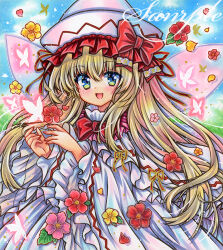 Rule 34 | 1girl, :d, blonde hair, blue eyes, blue sky, bow, bowtie, bug, butterfly, day, dress, embellished costume, fairy, fairy wings, flower, frilled dress, frilled hat, frills, hat, hat bow, insect, lily white, long hair, long sleeves, looking at viewer, marker (medium), open mouth, outdoors, red bow, red bowtie, red flower, red ribbon, ribbon, rui (sugar3), sample watermark, sky, smile, solo, standing, touhou, traditional media, upper body, watermark, white dress, white hat, wide sleeves, wings, yellow flower