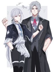 Rule 34 | 1boy, 1girl, alternate costume, arknights, ascot, black coat, black jacket, black pants, black vest, blue ascot, clenched hand, coat, commentary, gladiia (arknights), grey background, grey hair, hand in pocket, hand up, highres, jacket, long hair, pants, parted bangs, pointy ears, red ascot, red eyes, shirt, sketch, two-tone background, ulpianus (arknights), vest, white background, white shirt, zuo daoxing