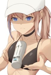Rule 34 | 1girl, act (xadachit), baseball cap, between breasts, bikini, black bikini, blue eyes, breast lift, breasts, breasts squeezed together, brown hair, can, choker, closed mouth, collarbone, drink can, ears, eyebrows hidden by hair, fingernails, frown, girls&#039; frontline, hair between eyes, hat, highres, implied paizuri, logo, looking at viewer, midriff, monster energy, naizuri, paizuri, ponytail, shaded face, simple background, small breasts, soda can, st ar-15 (girls&#039; frontline), swimsuit, white background, white headwear