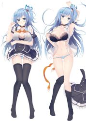 Rule 34 | 1girl, arm up, armpits, bare shoulders, black bra, black skirt, black thighhighs, blue eyes, blue hair, blue panties, bra, breasts, choker, cleavage, closed mouth, collarbone, emori miku, frilled skirt, frills, hair ornament, hand up, heart, heart-shaped pupils, highres, large breasts, lingerie, liver city, long hair, looking at viewer, miko (royal milk), miniskirt, multiple views, neck ribbon, one side up, open clothes, open shirt, panties, parted lips, ribbon, see-through, shirt, simple background, skirt, sleeveless, sleeveless shirt, smile, striped clothes, striped panties, symbol-shaped pupils, thighhighs, underbust, underwear, unworn skirt, very long hair, white background, white shirt