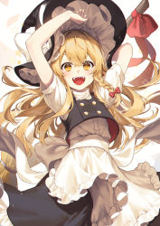 Rule 34 | 1girl, apron, arm up, black skirt, black vest, blonde hair, blush, bow, braid, broom, cropped legs, hair between eyes, hair ribbon, hat, highres, jill 07km, kirisame marisa, long hair, looking at viewer, open mouth, puffy short sleeves, puffy sleeves, red bow, red ribbon, ribbon, shirt, short sleeves, simple background, single braid, skirt, solo, sparkle, star-shaped pupils, star (symbol), symbol-shaped pupils, teeth, touhou, twitter username, upper body, upper teeth only, vest, white apron, white background, white shirt, witch hat