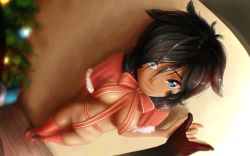 Rule 34 | 1girl, absurdres, freckles, highres, lingerie, looking at viewer, naomi (momoirosoft), nervous, nervous smile, ornament, pov, red ribbon, ribbon, santa costume, smile, tagme, tan, thighhighs, tree, underwear
