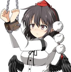 Rule 34 | 1girl, black hair, black ribbon, bound, breasts, brown eyes, chain, cuffs, handcuffs, hat, highres, long sleeves, neck ribbon, pom pom (clothes), red hat, ribbon, rise (rise19851203), shackles, shameimaru aya, shirt, simple background, solo, tokin hat, touhou, white background, white shirt, wings