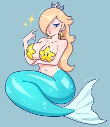 Rule 34 | 1girl, absurdres, bare arms, bare shoulders, blonde hair, blue background, blue eyes, blue nails, breast hold, breasts, cleavage, collarbone, crown, earrings, eyelashes, fingernails, fins, full body, hair over one eye, half-closed eye, hand up, highres, jewelry, large breasts, lips, long fingernails, long hair, looking at viewer, lumadraws, mario (series), mermaid, monster girl, motion lines, nail polish, navel, nintendo, parted lips, pasties, rosalina, scales, simple background, solo, sparkle, star (symbol), star earrings, star pasties, super star (mario), super mario galaxy, thick lips