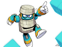 Rule 34 | 1boy, android, armor, block (object), block man, blocks, blue armor, blue eyes, clenched hand, commentary request, full body, gloves, grey armor, grey headwear, helmet, in air, joints, male focus, mega man (classic), mega man (series), mega man 11, midair, no mouth, pointing, robot, robot ears, robot joints, shoulder armor, sigh, simple background, solo, solo focus, vambraces, wenyu, white background, white gloves