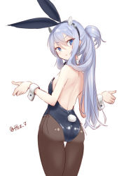 Rule 34 | 1girl, alternate costume, animal ears, ass, black leotard, blue eyes, blue hair, bow, bowtie, cowboy shot, detached collar, fake horns, from behind, headgear, horned headwear, horns, i-203 (kancolle), kantai collection, leotard, light blue hair, long hair, looking at viewer, looking back, one-hour drawing challenge, pantyhose, playboy bunny, rabbit ears, rabbit tail, sidelocks, simple background, solo, standing, strapless, strapless leotard, tail, tetsukuzu (yajirushi shita), twitter username, white background, white hair, wrist cuffs
