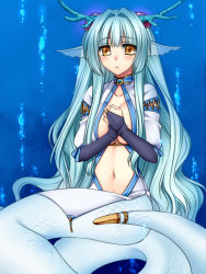 Rule 34 | 1girl, :o, air bubble, animal ears, antlers, blue background, blue hair, blush, breasts, bubble, commentary request, dragon girl, fins, hair intakes, head fins, horns, jewelry, konshin, lamia, large breasts, long hair, looking at viewer, mermaid, monster girl, navel, original, own hands together, parted lips, solo, tail, tail ornament, underwater, very long hair