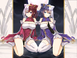 Rule 34 | 2girls, animal ears, asymmetrical legwear, azur lane, bare shoulders, black gloves, blue eyes, breasts, bridal gauntlets, chao ho (azur lane), china dress, chinese clothes, cleavage, cleavage cutout, clothing cutout, cone hair bun, detached sleeves, dress, fake animal ears, framed breasts, full body, full moon, gloves, gold hairband, hair between eyes, hair bun, hairband, highres, kang jian, large breasts, long hair, looking at viewer, moon, multicolored hair, multiple girls, purple dress, purple eyes, purple footwear, purple hair, red dress, red footwear, red hair, single thighhigh, socks, thighhighs, two-tone hair, uneven legwear, white hair, white legwear, wide sleeves, ying swei (azur lane)