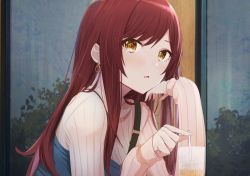 Rule 34 | 1girl, :o, bag, blue dress, brown eyes, brown hair, commentary request, crying, crying with eyes open, cup, dress, drinking straw, earrings, hand on own chin, handbag, highres, ice, ice cube, idolmaster, idolmaster shiny colors, jewelry, long hair, looking at viewer, osaki amana, plant, ribbed sweater, ryouta (ryouta335), sidelocks, solo, sweater, swept bangs, tears, white sweater, window
