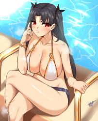 Rule 34 | 1girl, bare shoulders, bikini, black hair, breasts, cleavage, closed mouth, collarbone, crossed legs, fate/grand order, fate (series), highres, ishtar (fate), kisaragi tsurugi, large breasts, long hair, looking at viewer, parted bangs, pool, poolside, red eyes, sitting, swimsuit, thighs, two side up, water