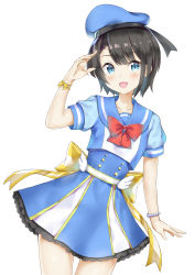 Rule 34 | 1girl, black hair, blue eyes, blue shirt, blue skirt, blush, bow, bracelet, collarbone, commentary, cowboy shot, donald duck sailor hat, fuji noyume, highres, hololive, idol, idol clothes, jewelry, looking at viewer, miniskirt, oozora subaru, open mouth, red bow, salute, shirt, short hair, short sleeves, simple background, skirt, smile, solo, standing, striped, striped bow, thighs, virtual youtuber, white background, yellow bow