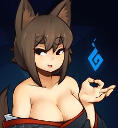 Rule 34 | 1girl, absurdres, animal ears, ash sarai, bare shoulders, black eyes, black kimono, breasts, brown hair, cleavage, collarbone, d-floe, fox ears, fox tail, highres, hitodama, japanese clothes, kimono, large breasts, looking at viewer, off shoulder, original, parted lips, short hair, smile, solo, tail, thick eyebrows