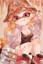 Rule 34 | 1girl, asymmetrical hair, ballpoint splatling (splatoon), black shirt, blush, breasts, candy, cleavage, closed mouth, collarbone, colored tongue, ear blush, food, grey jacket, hand up, hat, highres, holding, holding candy, holding food, holding lollipop, inkling, inkling girl, inkling player character, jacket, knee blush, lollipop, long hair, long sleeves, looking at viewer, medium breasts, nintendo, open clothes, open jacket, orange hair, orange hat, orange tongue, plum0o0, red eyes, red footwear, shirt, shoes, smile, solo, splatoon (series), tentacle hair, tongue, tongue out, wavy hair, zipper