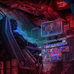 Rule 34 | 1boy, absurdres, chair, cockpit, commentary, english commentary, guy warley, helmet, highres, monitor, multiple monitors, original, red light, scenery, science fiction, sitting, solo, spacecraft interior, vehicle interior, ventilation shaft