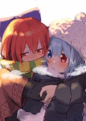 Rule 34 | 2girls, backlighting, black jacket, black mittens, blue bow, blue eyes, blue hair, blush, bow, breath, commentary request, covered mouth, covering own mouth, fur trim, green scarf, hair between eyes, hair bow, half-closed eyes, hat, heterochromia, highres, hug, jacket, looking at another, looking away, looking to the side, mittens, multiple girls, nnyara, parted lips, pom pom (clothes), red eyes, red hair, scarf, sekibanki, short hair, simple background, striped clothes, striped scarf, tatara kogasa, touhou, upper body, white background, white headwear, winter clothes, yellow scarf, yuri