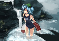 Rule 34 | 1girl, female focus, hair bobbles, hair ornament, kawashiro nitori, name tag, one-piece swimsuit, school swimsuit, shimadoriru, solo, swimsuit, touhou, two side up