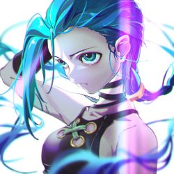 Rule 34 | 1girl, alternate breast size, arcane: league of legends, arcane jinx, bare shoulders, breasts, brown shirt, closed mouth, collarbone, crop top, detached sleeves, green eyes, green hair, grey background, hair tie, hand in own hair, hand up, highres, jinx (league of legends), league of legends, long hair, medium breasts, natsume hinako, shirt, upper body, very long hair