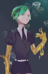 Rule 34 | androgynous, cowboy shot, gem uniform (houseki no kuni), gender request, golden arms, green eyes, green hair, highres, houseki no kuni, jellyfish, looking at viewer, necktie, phosphophyllite, short hair, solo, spoilers