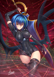 Rule 34 | 1girl, adsouto, artist name, black thighhighs, blue hair, bodysuit, boots, breasts, demon wings, female focus, fingerless gloves, gloves, green hair, high school dxd, highres, holding, holding sword, holding weapon, huge weapon, impossible bodysuit, impossible clothes, impossible leotard, large breasts, large wings, leotard, looking at viewer, multicolored hair, red sky, short hair, signature, sky, smile, solo, streaked hair, sword, thigh boots, thighhighs, tree, two-tone hair, weapon, wings, xenovia quarta, yellow eyes