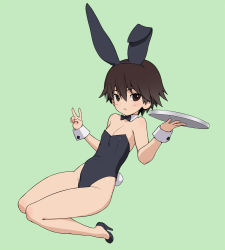 Rule 34 | 10s, 1girl, alternate costume, animal ears, black bow, black bowtie, black footwear, black leotard, bow, bowtie, breasts, brown eyes, brown hair, closed mouth, detached collar, fake animal ears, fake tail, frown, girls und panzer, green background, high heels, holding, isobe noriko, kneeling, leotard, looking at viewer, playboy bunny, rabbit ears, rabbit tail, shoes, short hair, simple background, small breasts, solo, strapless, strapless leotard, tail, tray, v, wata do chinkuru, wrist cuffs
