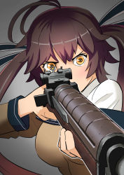 Rule 34 | 1girl, absurdres, ahoge, aiming, antenna hair, battle rifle, breasts, brown hair, commentary request, gear (gearba50), girls&#039; frontline, grey background, gun, hair ribbon, highres, holding, holding gun, holding weapon, large breasts, long hair, long sleeves, m14, m14 (girls&#039; frontline), off shoulder, ribbon, rifle, solo, twintails, upper body, weapon, yellow eyes