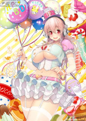 Rule 34 | 1girl, :d, balloon, blush, breasts, cake, candy, candy cane, cupcake, food, fruit, happy birthday, headphones, heart, heart print, large breasts, long hair, looking at viewer, midriff, navel, nitroplus, open mouth, pancake, pink hair, polka dot, popcorn, red eyes, smile, solo, star (symbol), star print, strawberry, super sonico, sweets, thighhighs, tsuji santa, underboob, watermark, white thighhighs