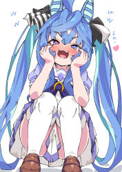 Rule 34 | + +, 1girl, :3, absurdres, ahoge, animal ears, aqua hair, blue eyes, blue hair, blush, bow, bowtie, brown footwear, commentary request, crossed bangs, hair bow, hands on own cheeks, hands on own face, heart, heterochromia, highres, horse ears, horse girl, loafers, looking at viewer, multicolored hair, open mouth, purple bow, purple bowtie, purple eyes, purple shirt, saburo (zwzf5873), school uniform, sharp teeth, shirt, shoes, short sleeves, sidelocks, simple background, skirt, smug, solo, squatting, striped bow, teeth, tracen school uniform, twin turbo (umamusume), twintails, two-tone hair, umamusume, upper teeth only, v-shaped eyebrows, white background, white skirt