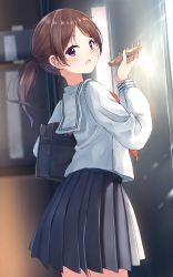 Rule 34 | 1girl, bag, black skirt, bread slice, brown hair, commentary request, egg (food), enuni, food, fried egg, from behind, hand up, highres, holding, holding food, long hair, long sleeves, looking at viewer, looking back, neckerchief, open mouth, original, pleated skirt, ponytail, purple eyes, red neckerchief, sailor collar, school bag, school uniform, serafuku, shirt, skirt, solo, toast, white sailor collar, white shirt