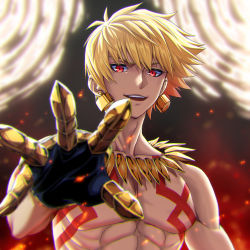 Rule 34 | 1boy, armor, bare shoulders, blonde hair, blurry, blurry background, chest tattoo, collarbone, commentary request, depth of field, dousunnen, earrings, fate/zero, fate (series), gauntlets, gilgamesh (fate), hair between eyes, highres, jewelry, lock, lock earrings, looking at viewer, male focus, muscular, necklace, open mouth, pectorals, red eyes, short hair, smile, solo, tattoo, teeth, upper body, upper teeth only
