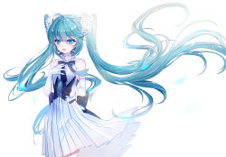 Rule 34 | 1girl, :d, absurdres, baocaizi, bare shoulders, black shirt, blue eyes, blush, cowboy shot, elbow gloves, flower, gloves, green hair, hair between eyes, hair flower, hair ornament, hand up, hatsune miku, highres, long hair, looking at viewer, open mouth, pleated skirt, shirt, skirt, sleeveless, sleeveless shirt, smile, solo, standing, teeth, twintails, upper teeth only, very long hair, vocaloid, white background, white flower, white gloves, white skirt