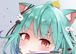 Rule 34 | 1girl, :d, ahoge, animal, animal ear fluff, animal ears, animal on head, bird, bird on head, blood, blood splatter, blue hair, blush, bow, cat ears, cat girl, chick, chromatic aberration, close-up, ear piercing, ear ribbon, eyelashes, gradient hair, green hair, hair ornament, hair ribbon, highres, holding, holding knife, holding weapon, hololive, knife, looking at viewer, low twintails, md5 mismatch, multicolored hair, on head, open mouth, piercing, piyoko (uruha rushia), pom pom (clothes), portrait, red eyes, resolution mismatch, ribbon, short hair, short twintails, signature, skull hair ornament, smile, solo, source smaller, twintails, uruha rushia, uruha rushia (3rd costume), virtual youtuber, weapon, yandere, yuujou ryuu